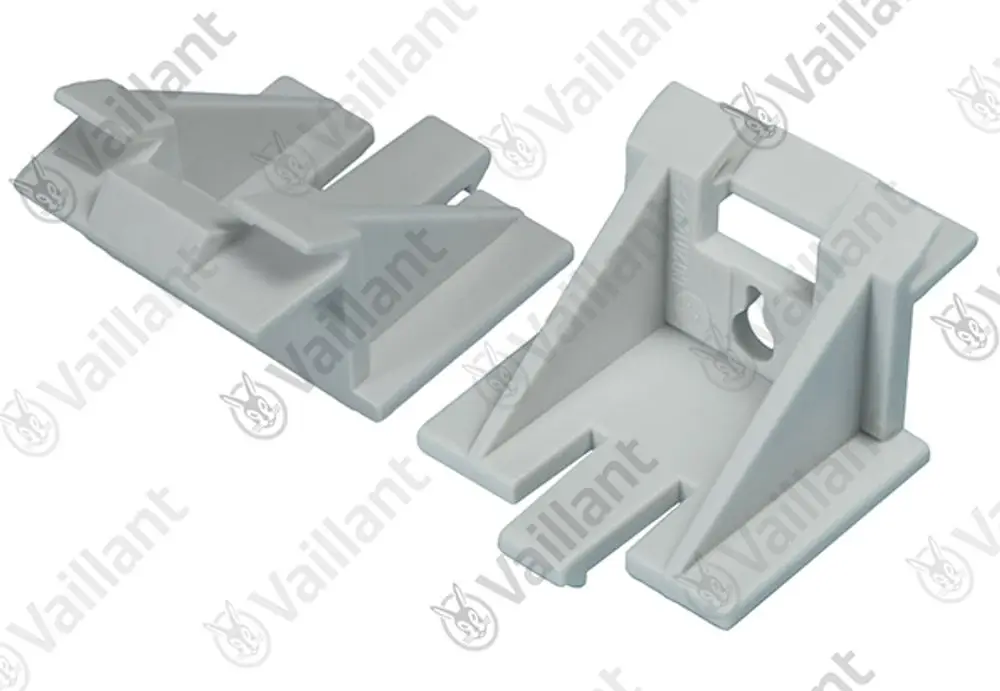 Zwei graue Abstandshalter von Vaillant, in einem stabilen Design, zur Montage oder Befestigung, mit verschiedenen Aussparungen auf der Oberfläche.